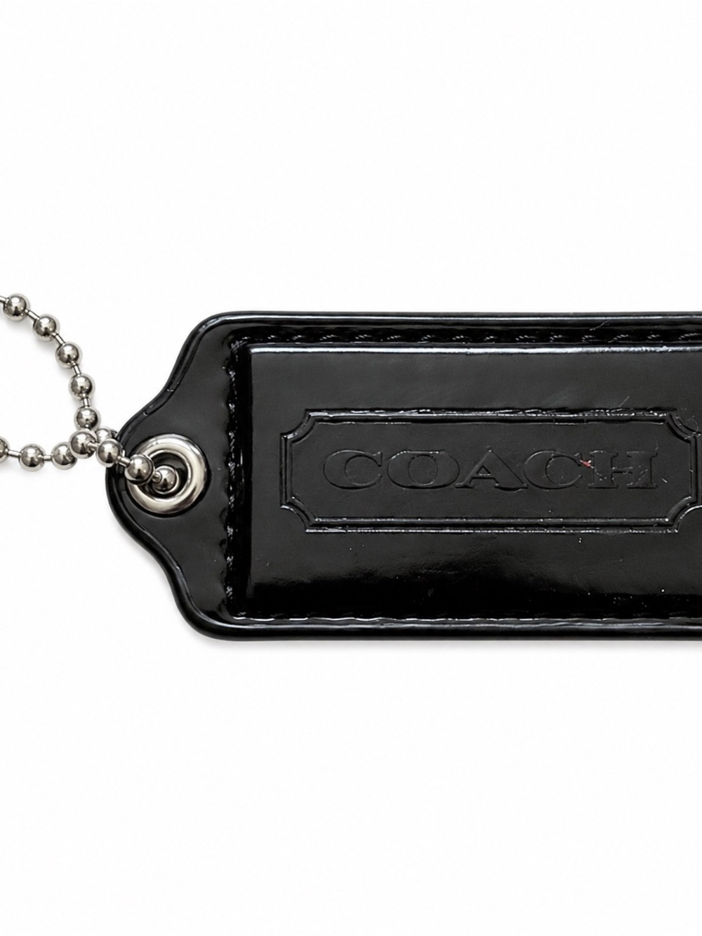 COACH Black Patent Leather Logo Tag Key Holder with Ball Chain